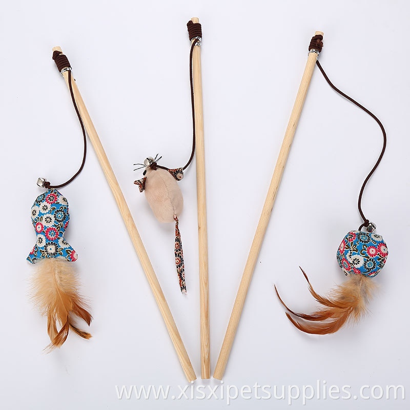 Newstyle Ball Pole Cats Rods Plaything Fish and Mouse Wooden with Feather for Cats Cat Teaser Interactive Toys Pet Toys Opp Bag